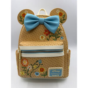 Disney Loungefly Minnie Mouse Straw Floral Embroidered Mini Backpack Blue Bow NW